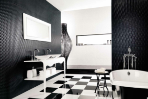 Дизайн ванной комнаты с черной плиткой на полу